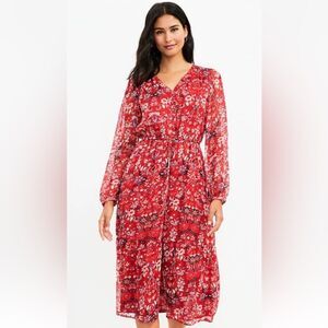 New with tag LOFT Red Floral V-Neck Long Sleeve Midi Dress, size Medium.